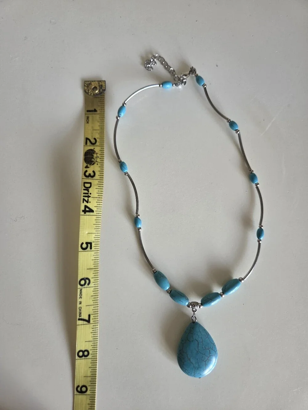 vintage faux turquoise teardrop pendant necklace liquid silver tube beads boho